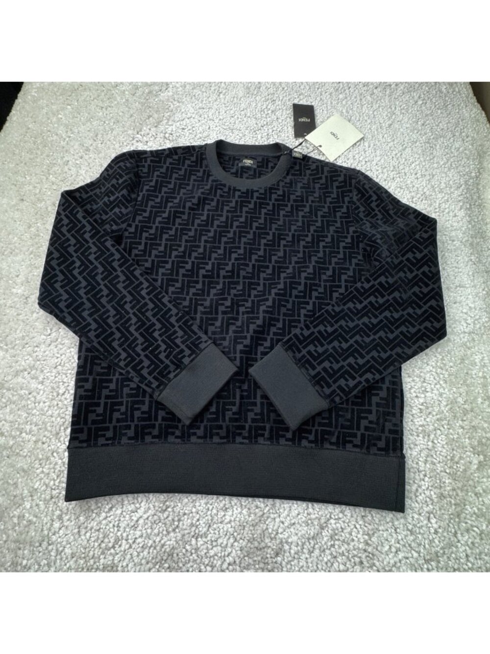 FENDI Velour All Over Monogram Print Sweatshirt Black Mens Large NEW
